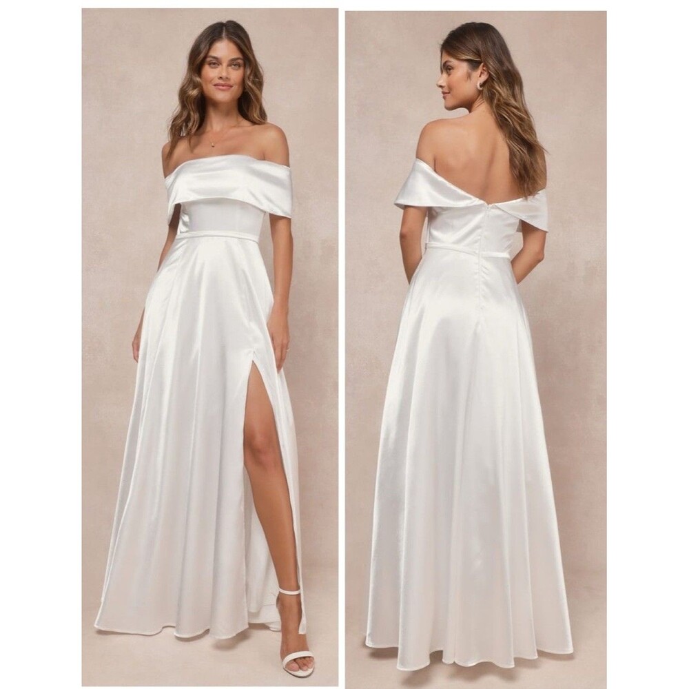 Lulu's Off-Shoulder White Satin Wedding Dress